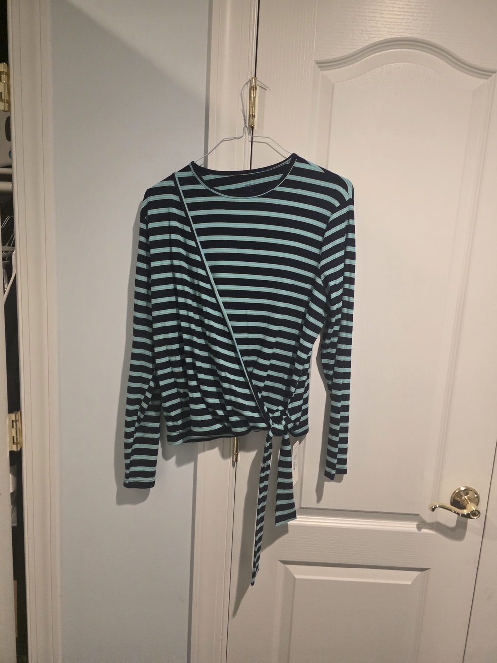 Striped Long-Sleeve Tie-Front Top in Teal and Black